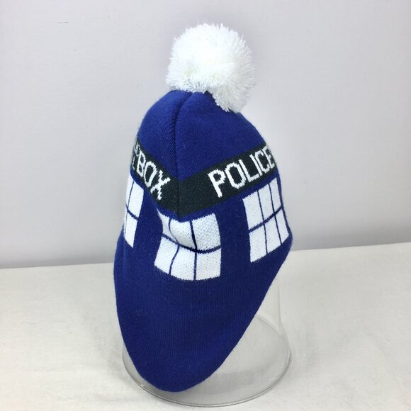 Doctor Who Hat Police Call Box Knit Winter Pompom Ear Flaps Trapper BBC - Picture 2 of 4
